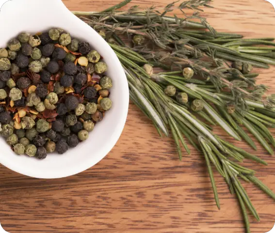 Herbs and peppercorns